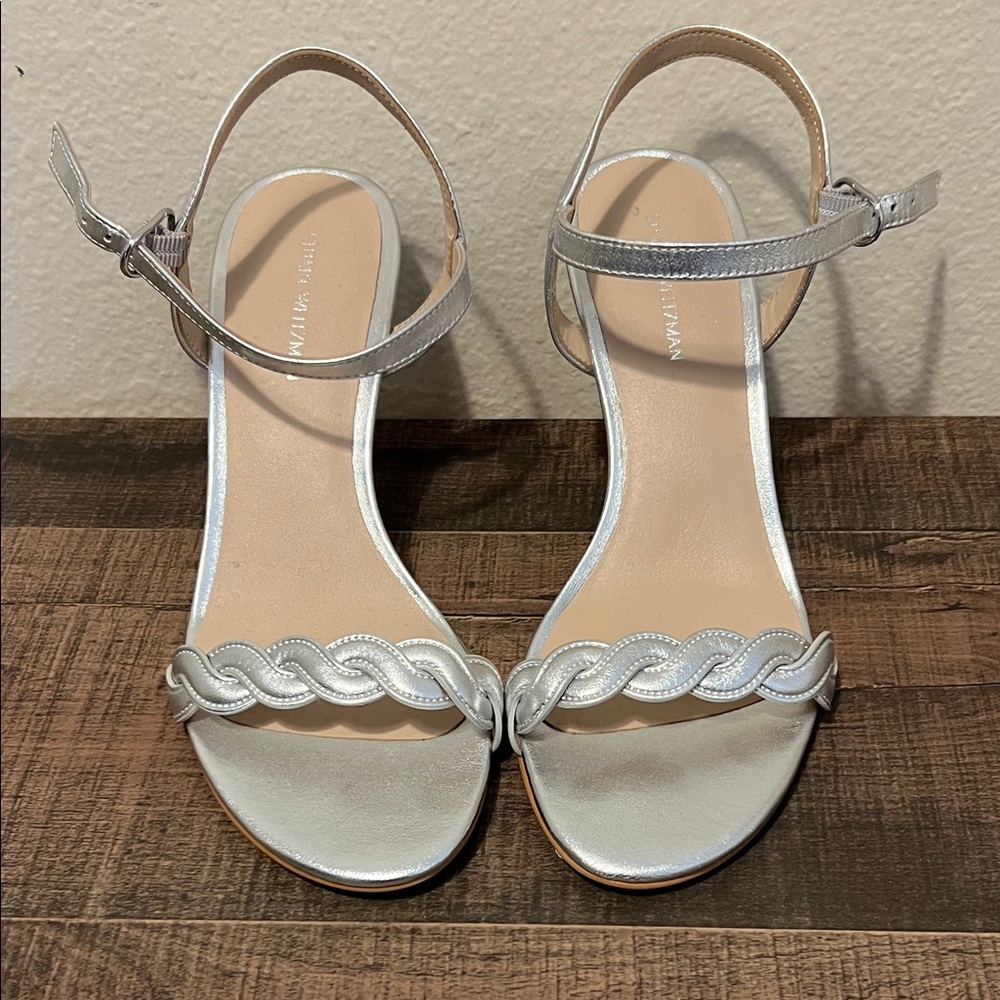 Stuart Weitzman Twistie Silver Stiletto Braided Strap Sandals